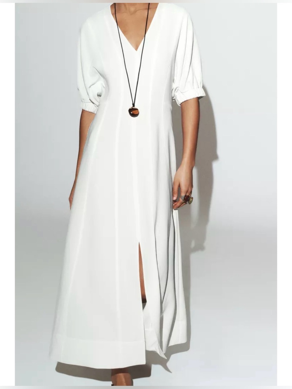 Nwt- zara- MIDI DRESS WITH PUFF SLEEVES - Oyster-white |-Small